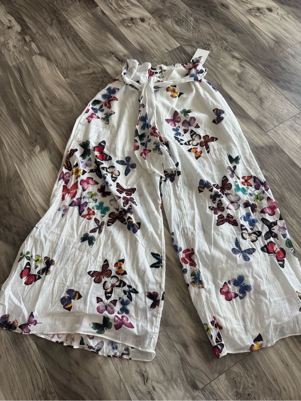 Wide-Leg White Butterfly Print Pants